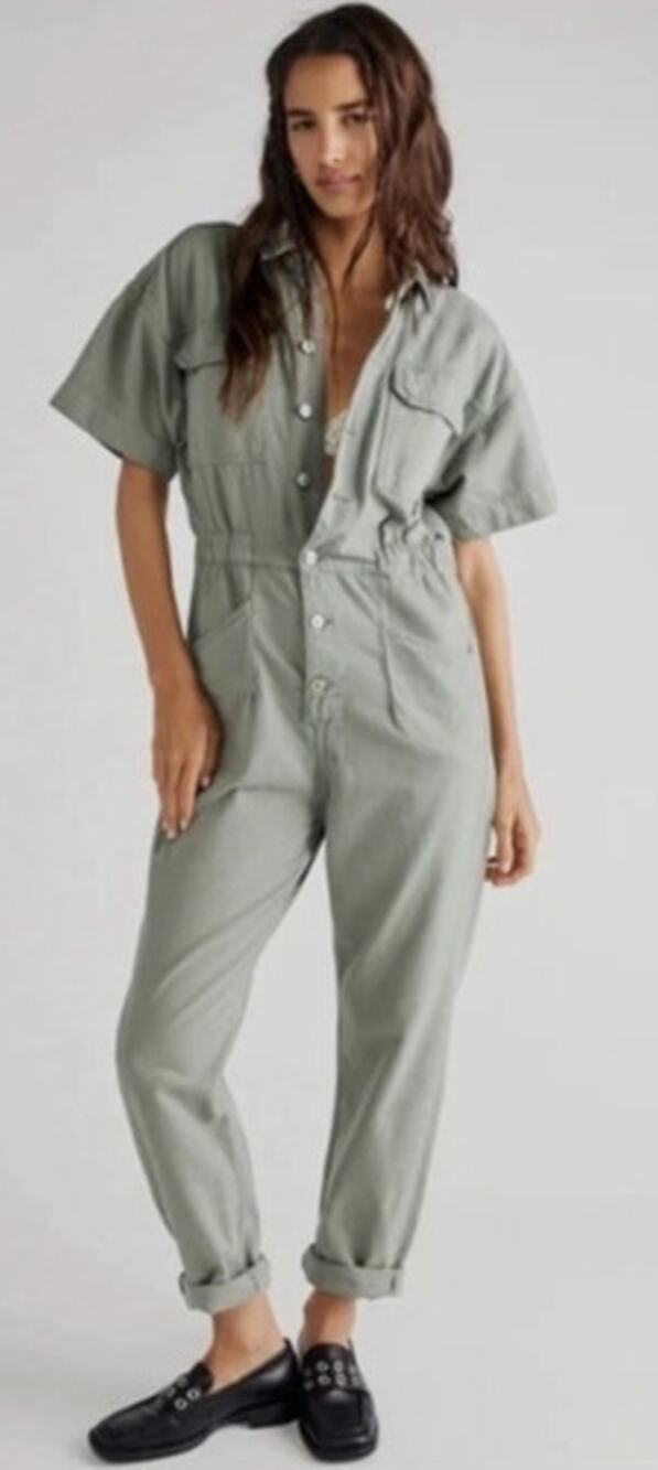 Free People Marci Coverall Denim Jumpsuit Collared Short Sleeve Sage Green M